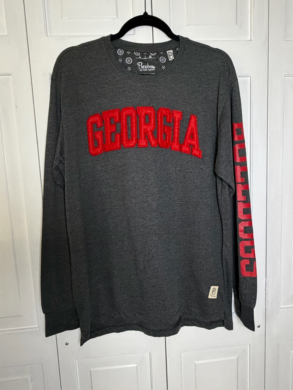 Pressbox Dark Gray Long Sleeve 'GEORGIA' Crewneck with Red Lettering